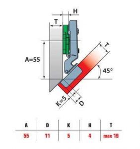 Петля Кутова -45° з лапкою H=4 LinkenSystem (Clip-on, ексцентрик+заглушка) — 3